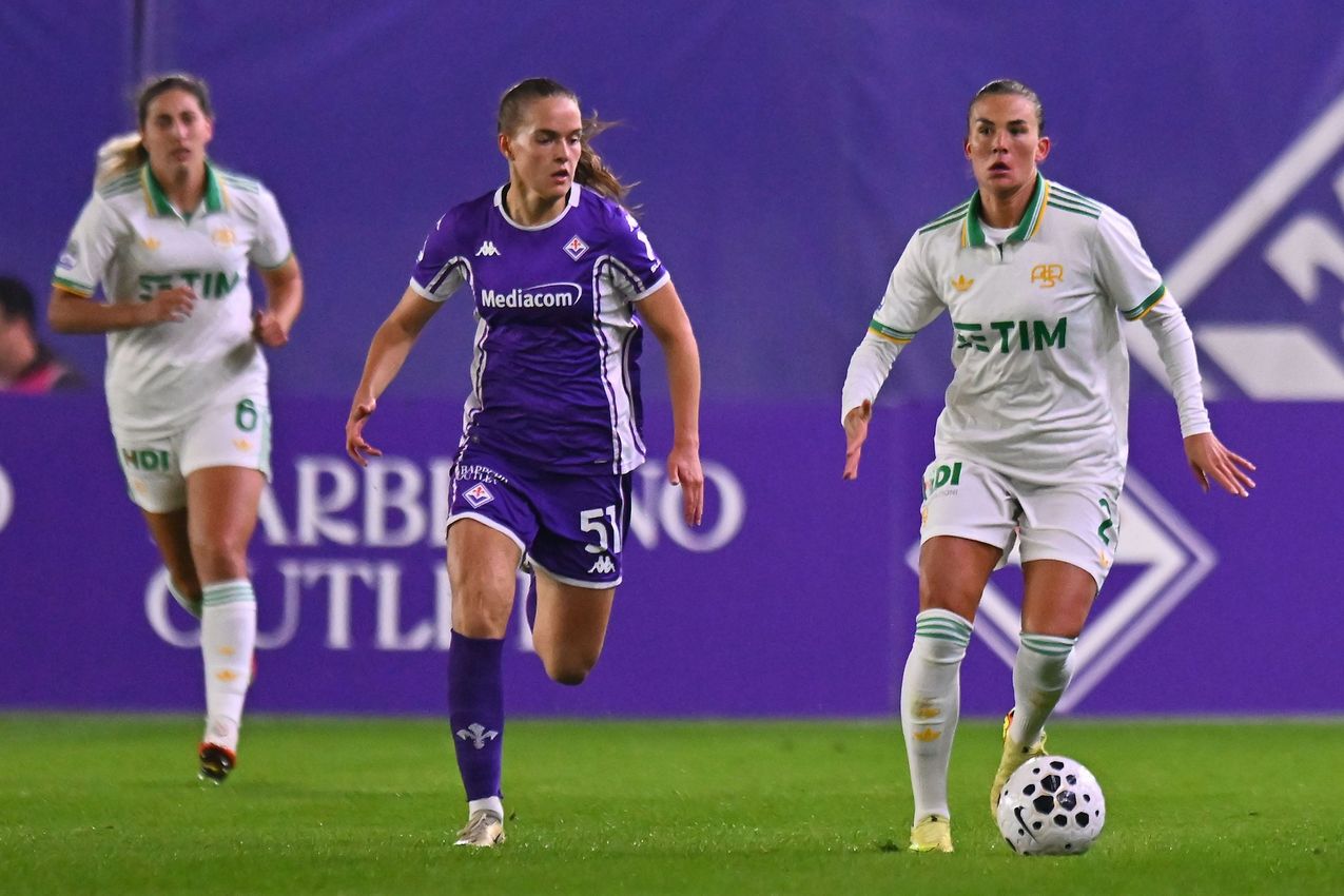 FLORENCE, ITALY - NOVEMBER 07: Katrine Veje of AS Roma during the Serie A Women match between ACF Fiorentina and AS Roma at Viola Park on November 07, 2025 in Florence, Italy. (Photo by AS Roma/AS Roma via Getty Images)