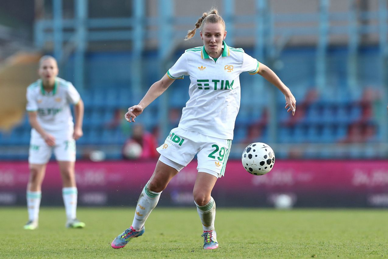 LUMEZZANE, ITALY - DECEMBER 21: Annalena Rieke of AS Roma in action during the Coppa Italia Women match between FC Lumezzane Women and AS Roma Women at Stadio Tullio Saleri on December 21, 2025 in Lumezzane, Italy. (Photo by AS Roma/AS Roma via Getty Images)