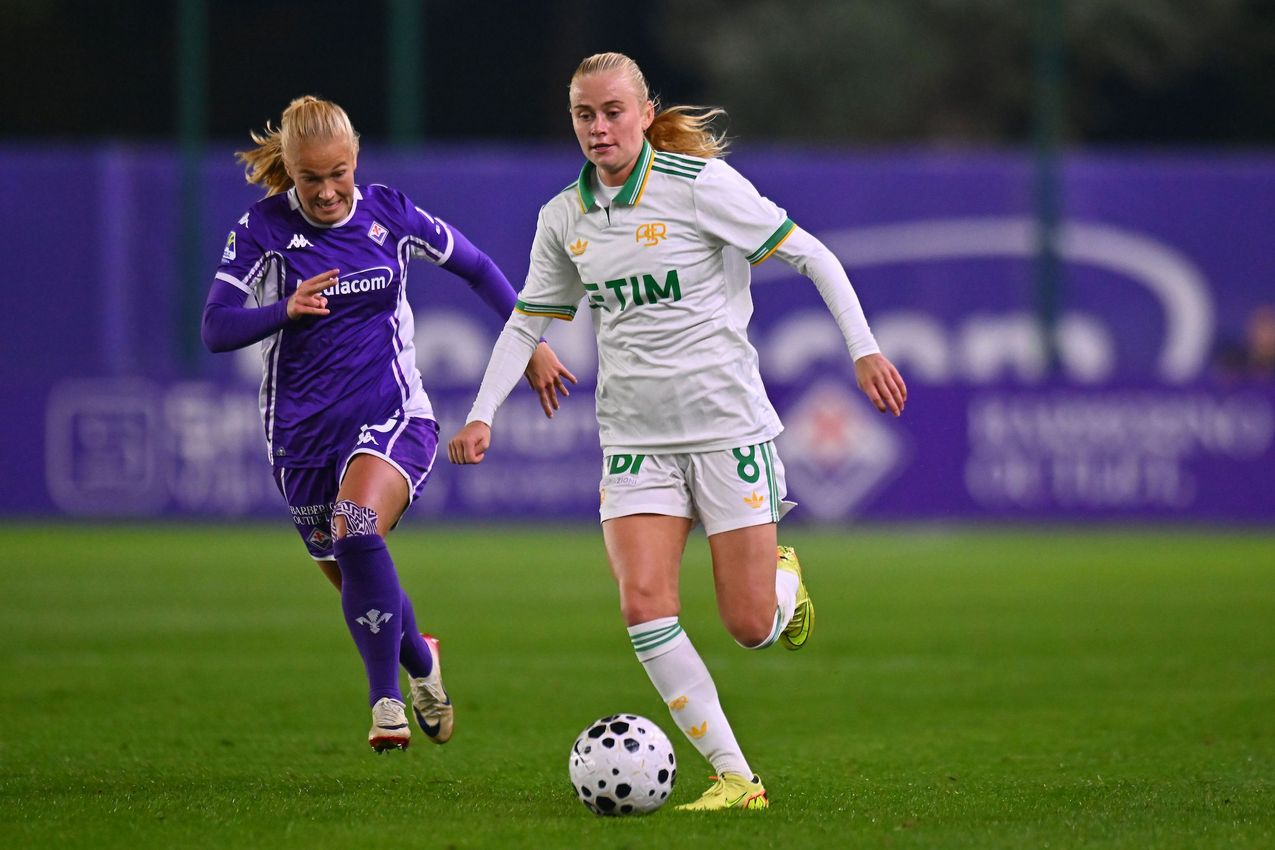 FLORENCE, ITALY - NOVEMBER 07: Katrine Moller Kuhl of AS Roma during the Serie A Women match between ACF Fiorentina and AS Roma at Viola Park on November 07, 2025 in Florence, Italy. (Photo by AS Roma/AS Roma via Getty Images)