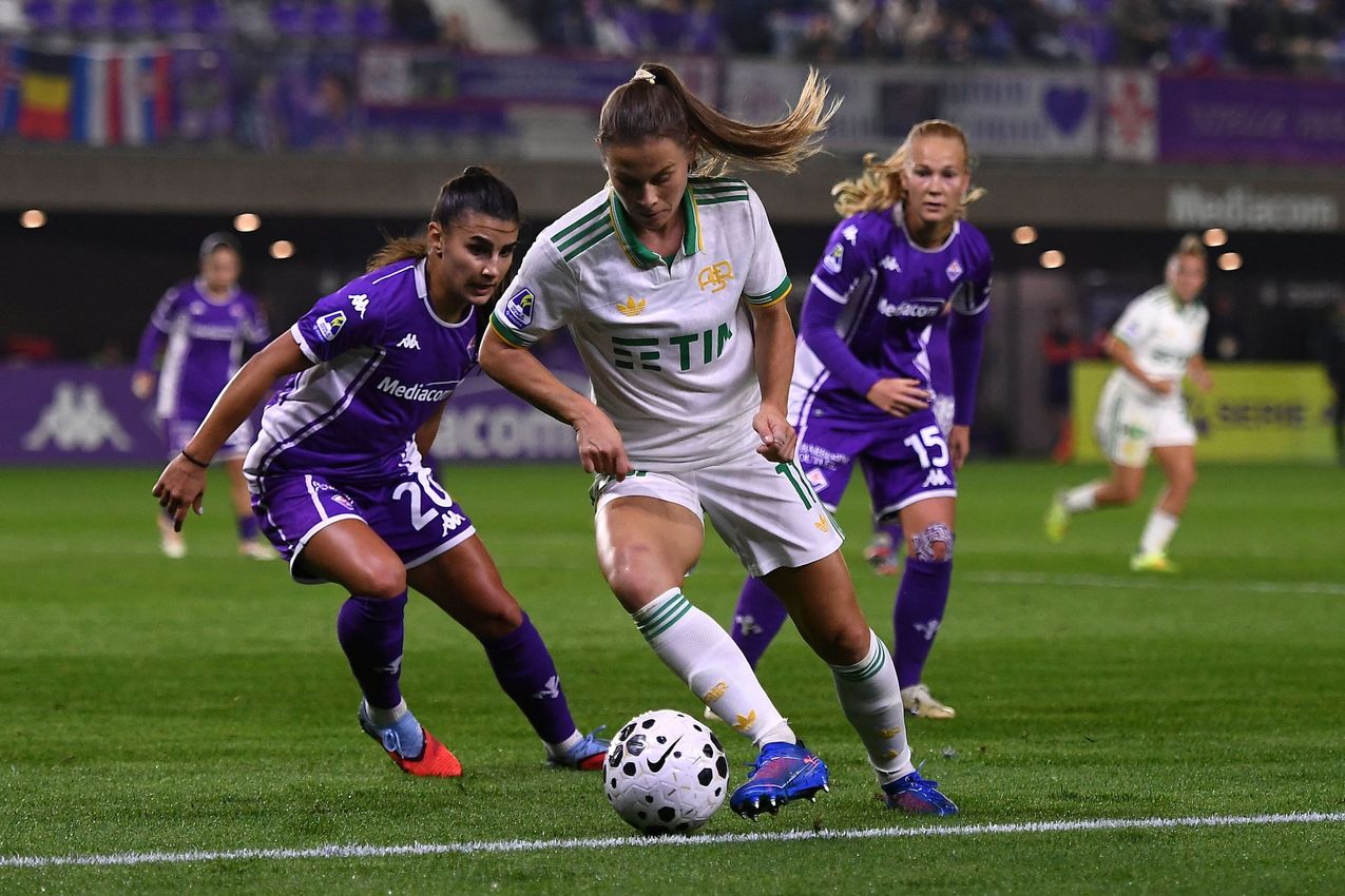 FLORENCE, ITALY - NOVEMBER 07: Emilie Haavi of AS Roma during the Serie A Women match between ACF Fiorentina and AS Roma at Viola Park on November 07, 2025 in Florence, Italy. (Photo by AS Roma/AS Roma via Getty Images)