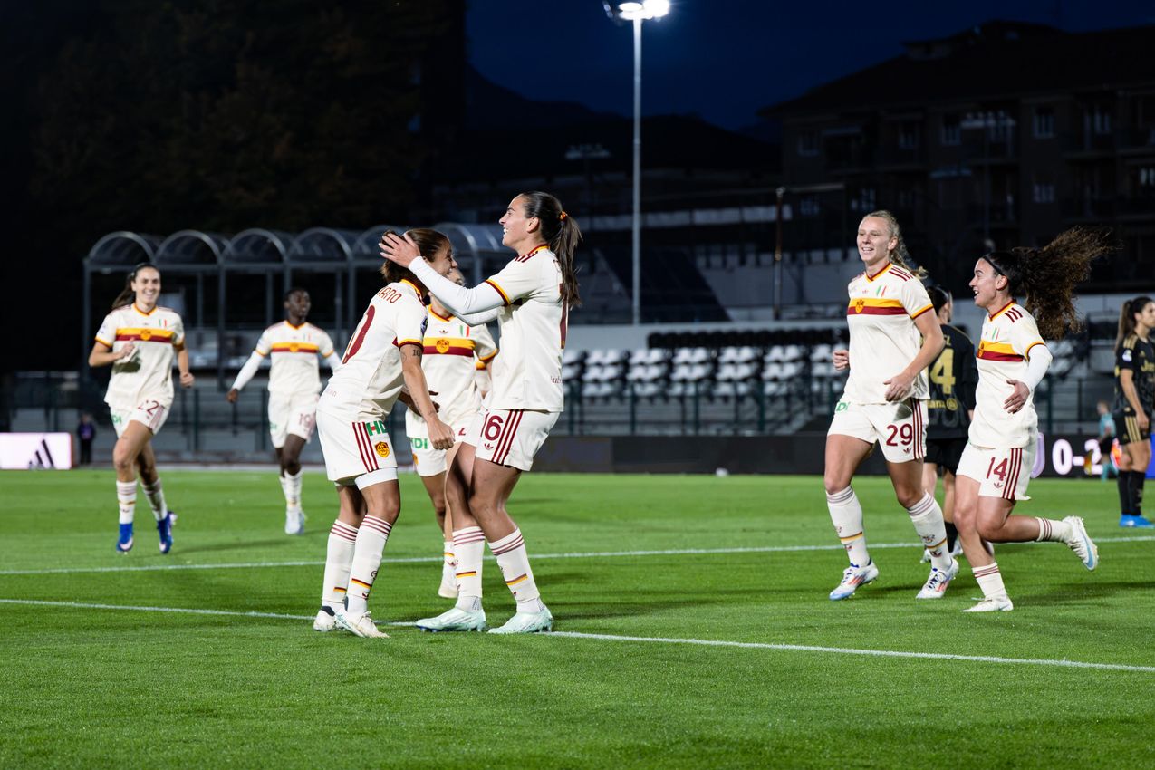 BIELLA, ITALY - OCTOBER 24: Alice Corelli Of AS Roma Women celebrates after scoring the third goal during the Serie A Women match between Juventus FC and AS Roma at tadio La Marmora-Pozzo on October 24, 2026 in Biella, Italy. (Photo by Diego Puletto - AS Roma/AS Roma via Getty Images)