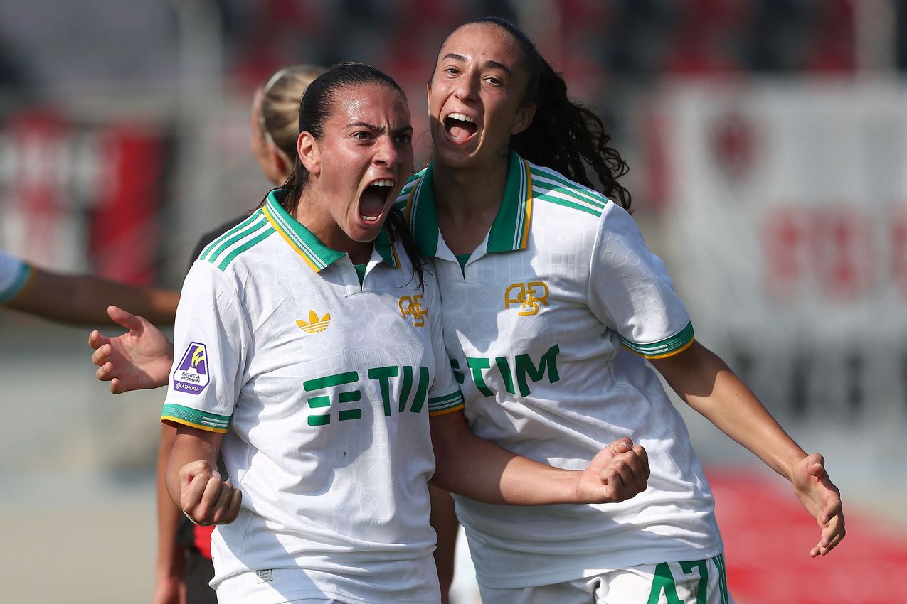 FIORENZUOLA D'ARDA, ITALY - OCTOBER 12: Alice Corelli of AS Roma celebrates her goalduring Serie A Women match AC Milan and AS Roma at Velodromo Attilio Pavesi on October 12, 2025 in Fiorenzuola d'Arda, Italy. (Photo by AS Roma/AS Roma via Getty Images)