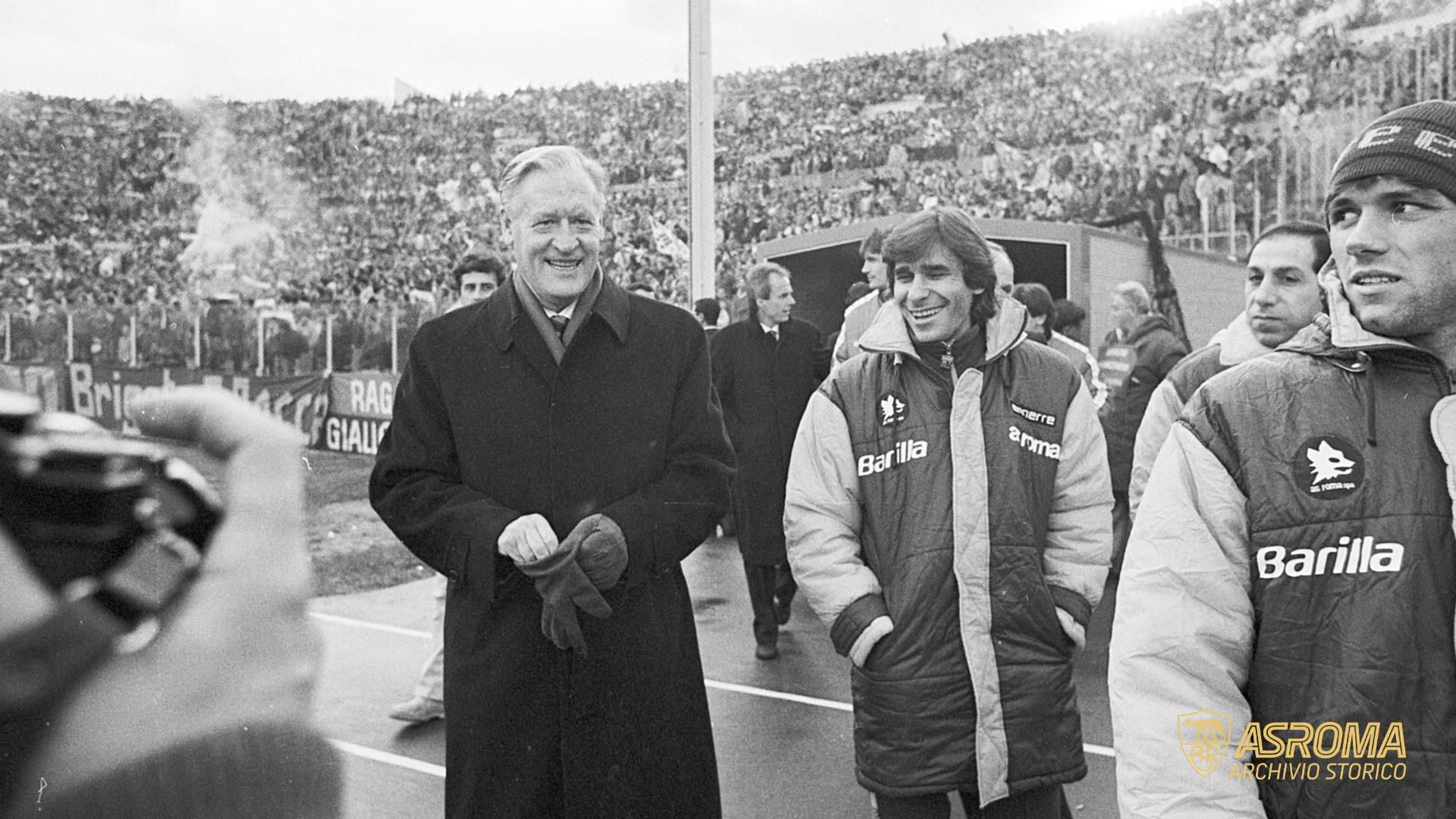 1986: Conti e Liedholm in Roma-Milan. Il Barone torna all'Olimpico da avversario (AS Roma/DuFoto)